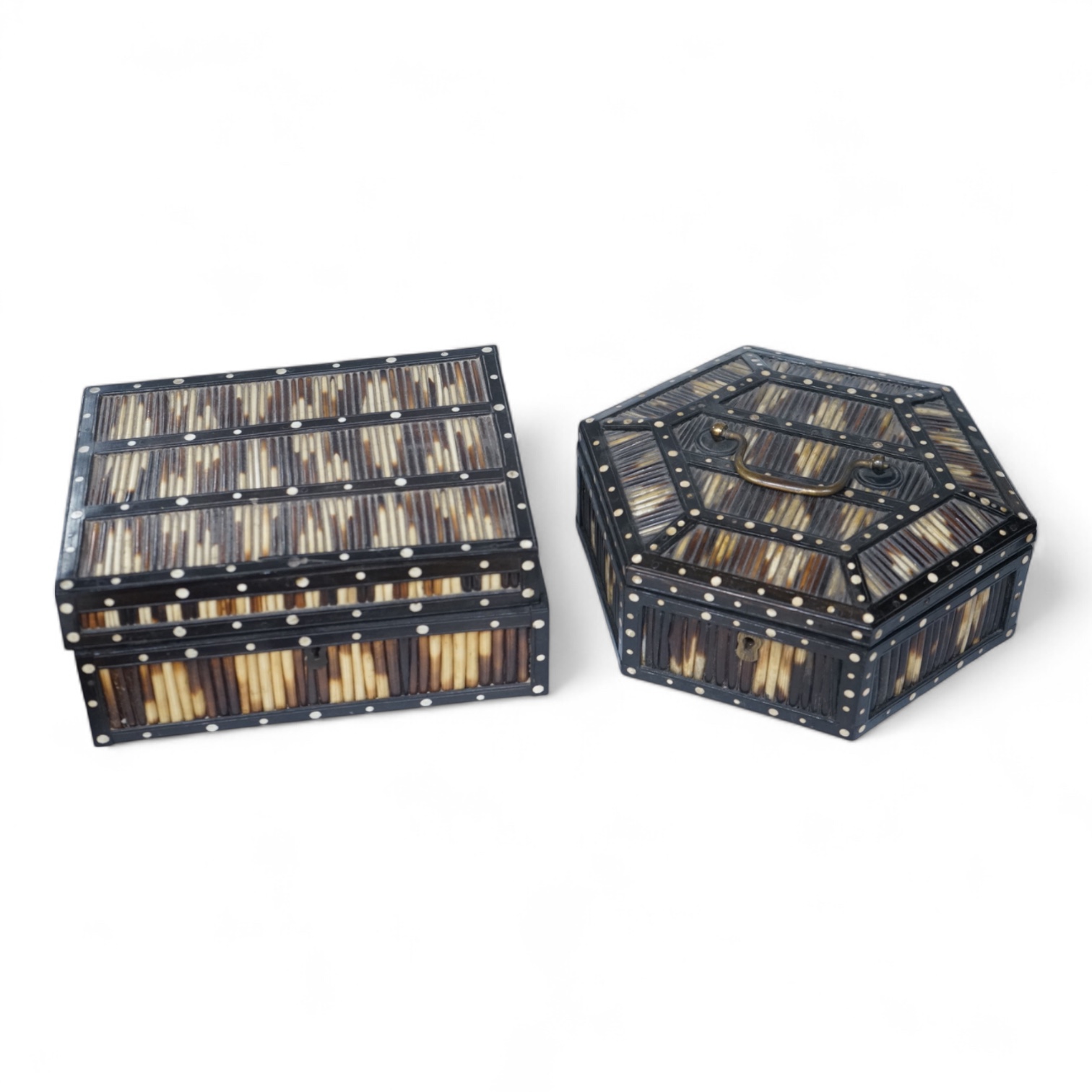 Two Ceylonese porcupine quill boxes, largest 20cm wide
